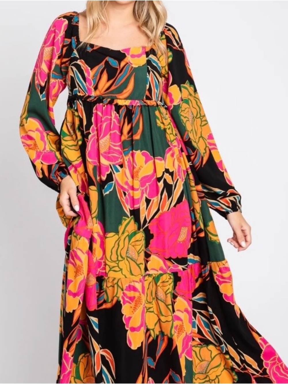 ODDY Floral Long Sleeve Maxi Dress in Green, Pink & Mustard